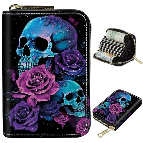 Image of Cute Credit Card Holder with Zipper, Neon Sugar Skull RFID-Blocking Card Case Small Wallet for Women Men, Multi-slot Card Organizer Case Travel Accordion Wallet
