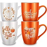 Funtery 4 Pcs Thanksgiving Coffee Mugs Fall Mugs Autumn Pumpkins Cups Happy Fall Y'all Coffee Mug Good Morning Pumpkin Cup Camp Mug Campfire Mug Ceramic Cup for Home Women Men Mom Dad (Orange,White)