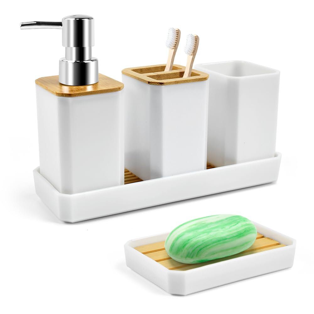 ADERTOS Juego Accesorios Baño Bambu 5 PCS Juego Jabonera y Bote Cepillos de Dientes Jabonera Lavabo Blanco Dispensador Jabón Baño y Cocina para Jabonera Taza de Cepillo de Dientes Dispensador de Jabón