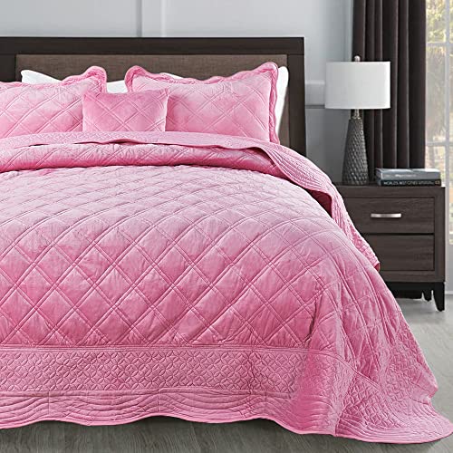 Home Soft Things Super Soft Microplush 4 Piece Bedspread Set Oversize King 120" X 120", Pink Diamond Plaid Scallop Edged Warm Cozy Plush Quilt Comforter Bedding Set With 2 Shams 1 Pillow #TOP2