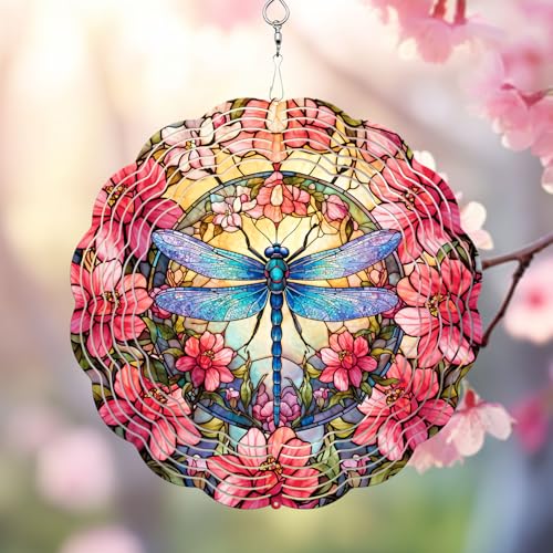 PUCPAM Dragonfly Wind Spinner, 10x10 Inch, Stained Glass Design