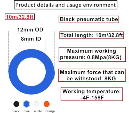 Miniatura 4 de Haxiha 10 Metros Manguera Neumática 12mm Od 8mm Id,Negro Tubo Aire Comprimido Poliuretano Pu Manguera De Aire Tubo Kit,Conexión Rápida De Tuberías De Aire 32.8ft Con 14 Piezas Guarniciones Neumaticas