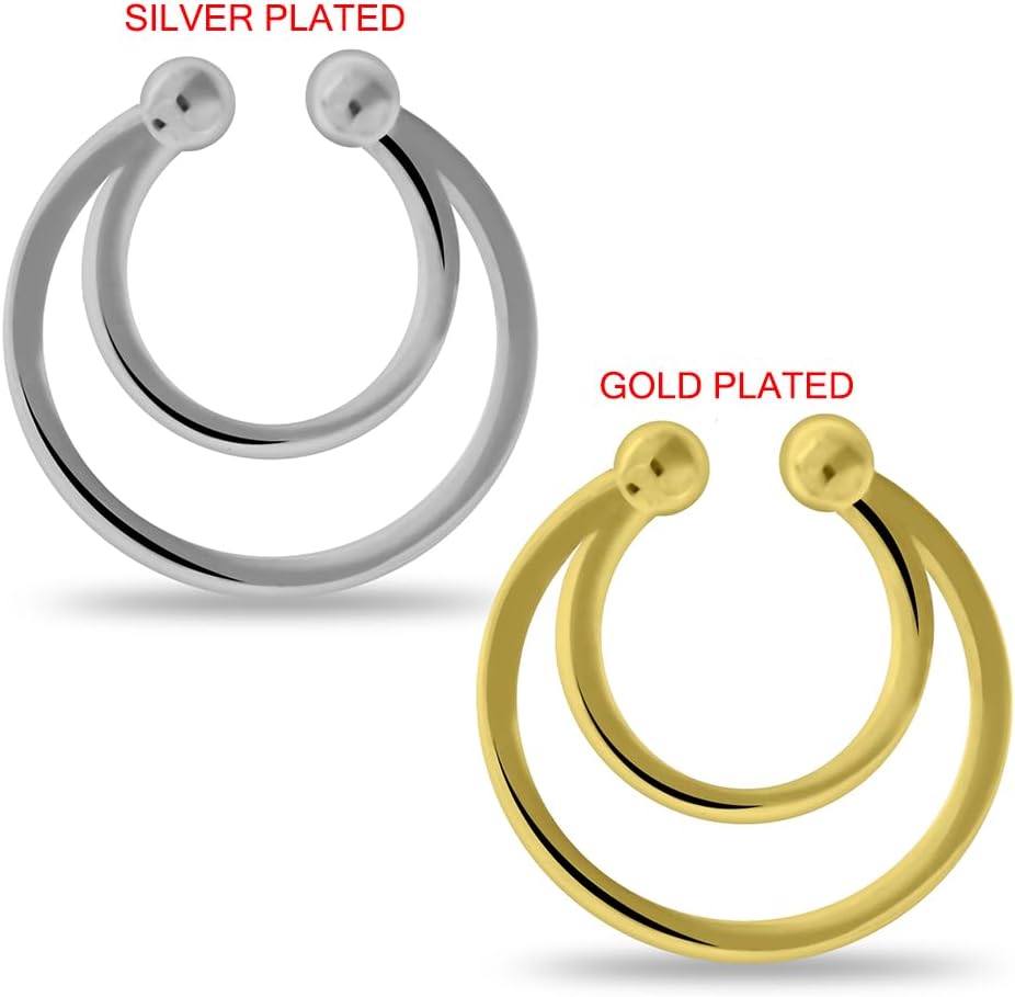 Twin Circle Horseshoe Style 925 Sterling Silver Hoop Clip on Fake Septum Nose Rings Non Piercing Lip Ear Ring Faux Body Piercing Jewelry