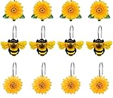 Whaline 12Pcs Summer Bee Shower Curtain Hooks Yellow Sunflower Honey Bee Decorative Resin Curtain Hanger Hooks Rings for Spring Holiday Bathroom Ornament Decoration Supplies, 3 Designs