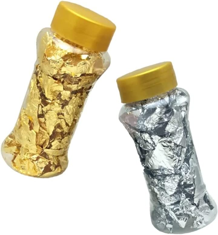 GOLD LEAF COMPANY Gold Leaf Flakes for Cakes Decorations Pitch VIY Painting ,Arts N Craft Nails Canvas Painting DIYS Slime ECT 2 Bottle (Gold, Silver, ) 5 gm Each Bottle.