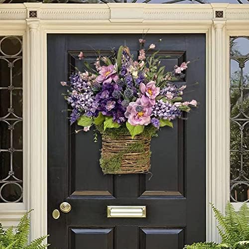 RXSJ Lavender Basket Wreaths for Front Door Mothers Day Floral Wreath Lavender Summer Wreaths for Front Door Purple Elegant RX-5 Basket Wreath