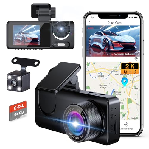 Dash Cam Front and Rear, 64G SD Card, 1080P 3 Dash Camera for Cars, 170° Wide Angle Dashcam, 2'' IPS Screen, G-Sensor, WDR, Parking Monitor - Black-3