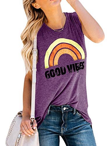 Womens Good Vibes Sleeveless Tank Tops Crew Neck Cotton Funny Graphic Tees Casual T-Shirts Purple
