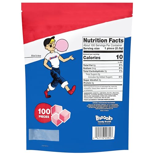 Image of Bazooka Bubble Gum Sugar-Free Chewing Gum Cubes, Bulk in Resealable Bag, 100 Ct in Original Pink Flavor w /Bazooka Joe Comics, Baseball Party Favors, Nostalgic 90s Candy (Pack of 12)