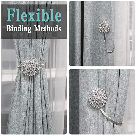 MoKo 2 Pack Sparkling Magnetic Curtain Tiebacks, Floral Decorative Curtain Tie Backs, No Drilling Curtain Holdbacks, Stainless Spring Wire Drapery Curtain Holder Buckle for Home Office - Silver