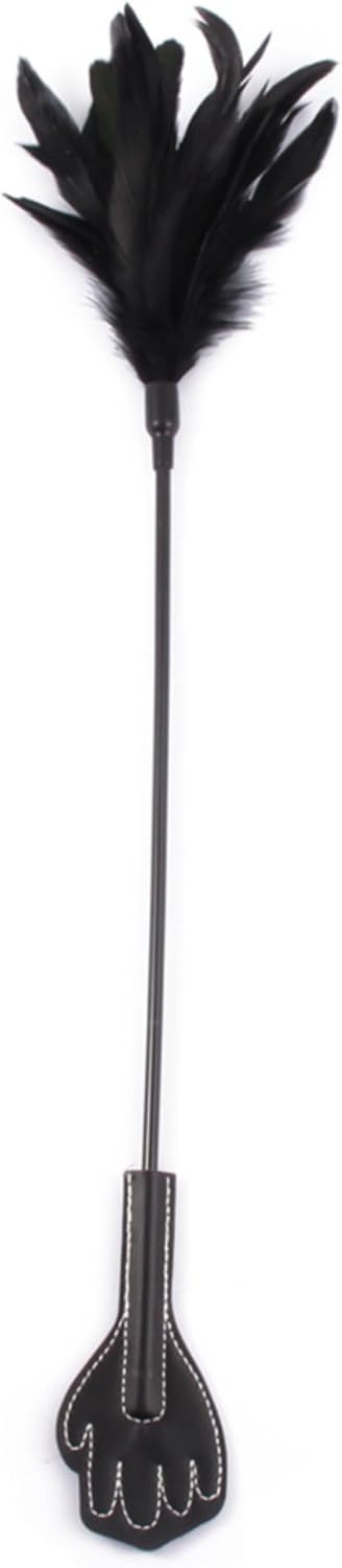 2 in 1 Feather Tickler and Hand Spanking Paddle, Black Faux Leather Hand Shape Slapper with Soft Feather Teaser Stick for Role Play Game