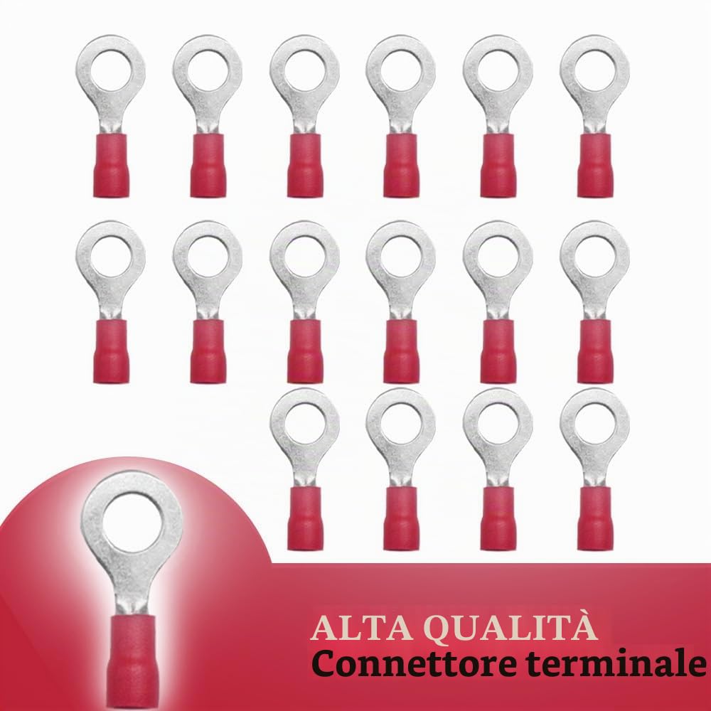 100 Pezzi Anello Capocorda Elettrico Terminale Connettori Elettrici Diametro Foro M8 Crimpare Connettori – Per Cavi Da 0,5 – 1,5 mm² (Rosso/YPRH8)