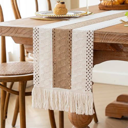 Image of FEXIA Boho Table Runner for Summer Home Coffee Decor with Tassels 72 Inches Long Farmhouse Rustic Table Runner Macrame Burlap Table Decoration for Kitchen Living Room Bridal Shower(12x72 Inches)