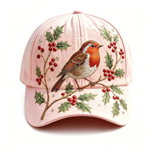 Women's Floral Baseball Cap with Bee Embroidery, Cream, Outdoor Garden Hat for Travel and Gardening (Pink - Robin)