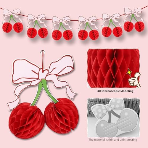 Prdingfy 6 Pcs 3D Honeycomb Cherry Decorations - Large Cherry Centerpiece Table Decor, Bow-Adorned Honeycomb Cherries for Baby Shower Birthday Party Supplies (Red) by Prdingfy - Image 5