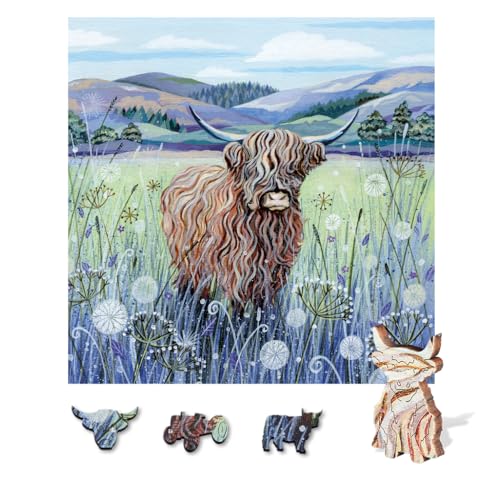 Wentworth Wooden Puzzles Scottish Highland Cow - 240 Pcs Adult Jigsaw Puzzle Themed Irregular Pieces Lucy Grossmith Design for Animal Lovers - Sustainably Sourced Wood and British Made