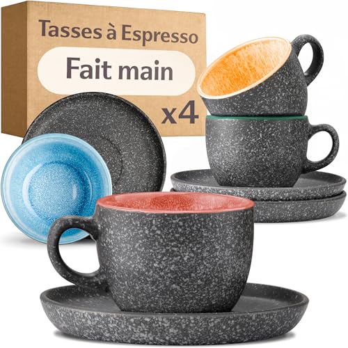 Cosumy 4 Tasses à Espresso avec Soucoupes 90ml – Tasses Épaisses en Céramique Fabriquées à la Main – Émail Réactif Coloré – Conservent la Chaleur Plus Longtemps
