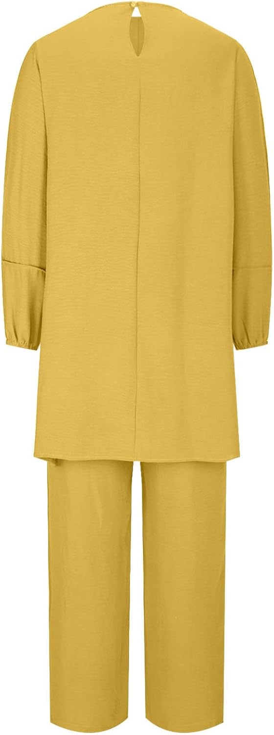 HGps8w Womens Muslim Linen 2 Piece Outfits Loose Long Sleeve Slit Hem Tunic Shirt with Wide Leg Pants Plus Size Lounge Sets