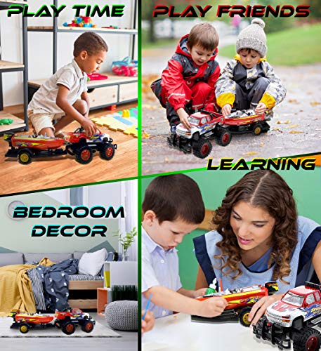 image for Mozlly Monster Truck Toys Set with Trailer Toy Boat - Friction Powered