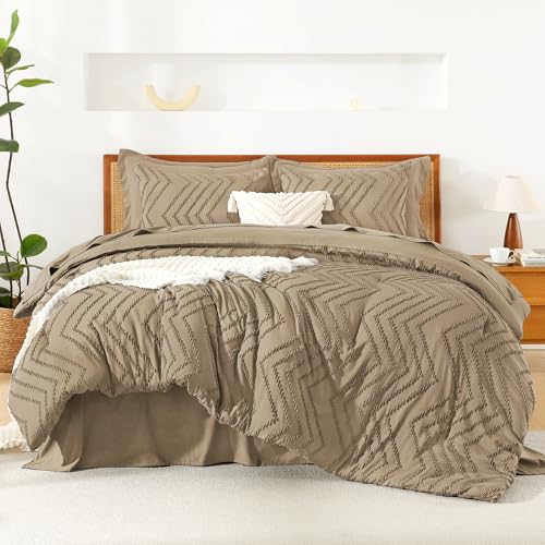 Image of Litanika Taupe Queen Size Comforter Set with Sheets - 7 Pieces Bed in a Bag Queen Boho Tufted Complete Bedding Sets with Comforter, Sheets, Pillowcases & Shams