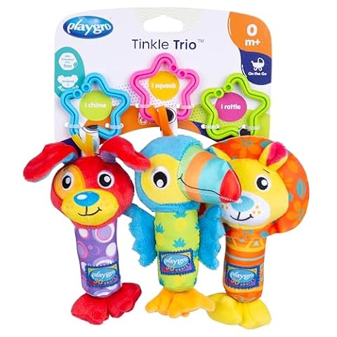 Playgro Trio Gra Zwierzęta Trio dla wyjść, z piszczeniem, grzechotką i dzwonkiem, od 0 miesięcy, wielokolorowa, 40193
