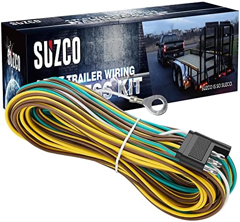 SUZCO 34' 4 Wire 4-Flat Trailer Light Wiring Harness Extension Kit, Custom-Made SAE J1128 with 4' White Ground Wire, 4-Way Plug 4 Pin 27' Male & 7' Female Wishbone-Style Extension