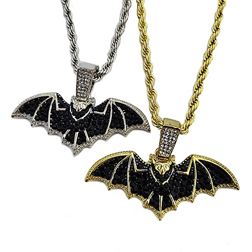 HIP HOP JEWELRY MICRO PAVE STONE GOLD SILVE PLATED BAT BLING PENDANT & 4mm 24
