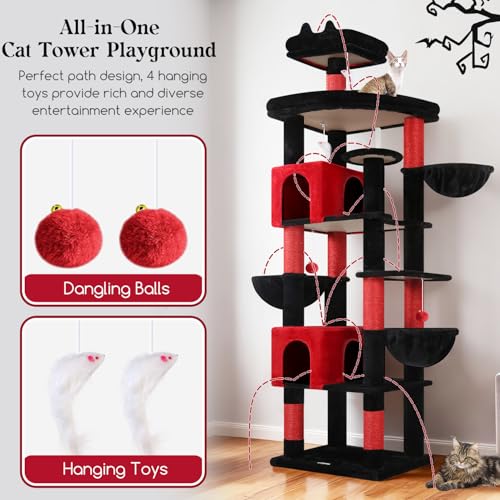 Image of Globlazer Extra Large Gothic Cat Tree Tower, 82in Tall Goth Heavy Duty Cat Tree for Indoor Cats Large Adult Big Cat Tower with 8 Scratching Posts, 2 Condos, 2 Perches, 3 Basket Beds, S82, Red Black