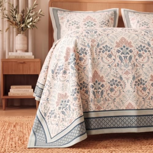 Image of BSB HOME 240 TC Cotton Feel Double Bedsheet with 2 Pillow Covers, Premium Soft Breathable Bed Sheet Set, Fade Resistant, All-Season, Easy Care, 90 x 100 Inches (228 x 254 cm) - Slate Blue & Ivroy