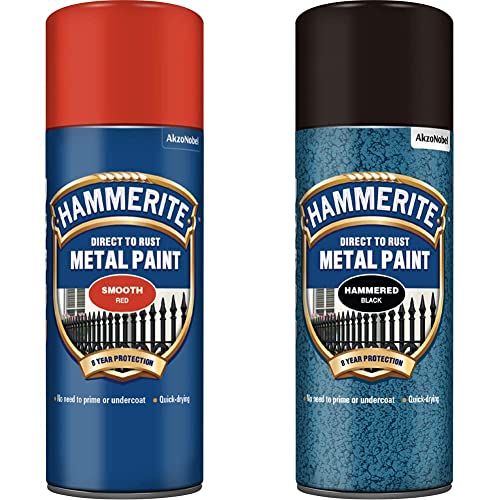 Hammerite Direct to Rust Metal Paint Aerosol Smooth Red Finish 400ML & Direct to Rust Metal Paint Aerosol with Hammered Black Finish, 400ml