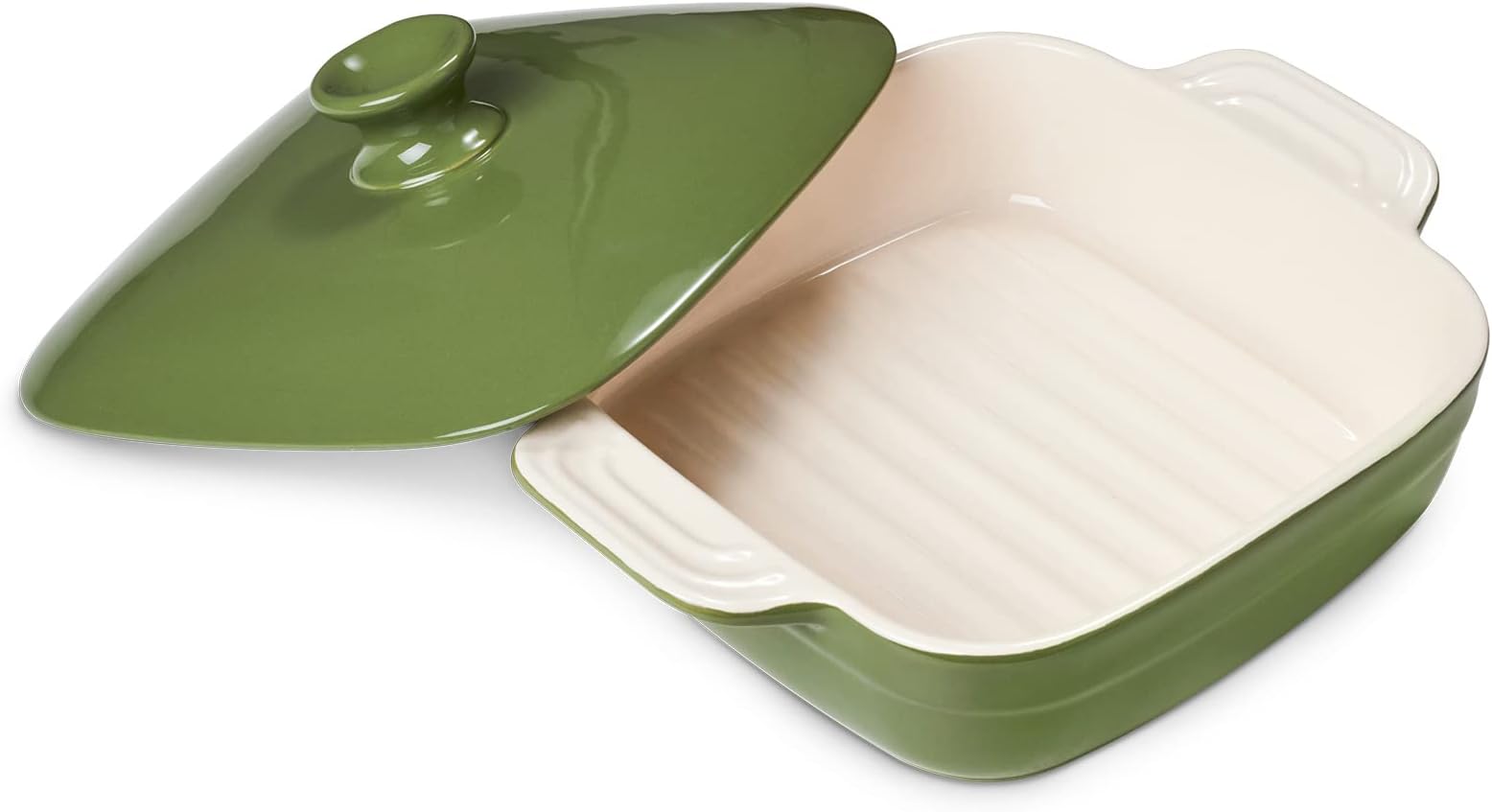 DOWAN Baking Dish With Lid, Ceramic Casseroles dish with lids, Lasagna Pan Deep, 1.6 Quarts Rectangular Bakeware With Handle Oven Safe for Cooking, Dinner, Home Gift, 8 x 8 Inches, Green