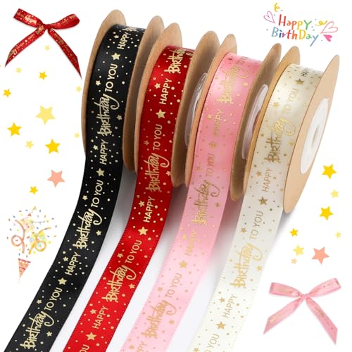 Pineraap 4 rotoli di nastro con scritta "Happy Birthday" per bouquet di fiori, 40 m di nastro di raso con stampa dorata, per confezioni regalo, forniture per feste, decorazioni fai da te, 4 colori