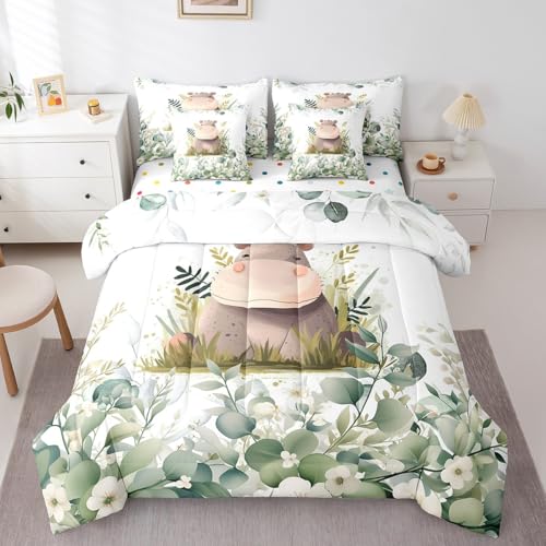 Erosebridal Niedliches Nilpferd-Bettwäsche-Set, 7-teilig, für Kinder, grünes Eukalyptus-Bett in einer Tasche, Waldtier-Bettwäsche-Set, Botanische Pflanzenblätter, Tröster-Set
