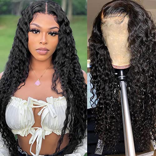 Deep Wave Lace Front Wigs Human Hair 20inch Trasparent Lace Front Curly Human Hair Wigs for Black Women Pre Plucked 4x4 Lace Closure Wig with Baby Hair 150% Density