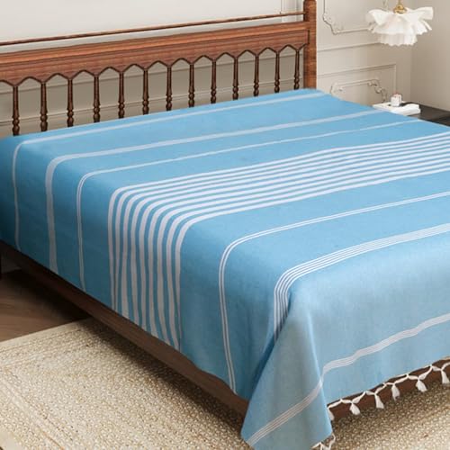 Image of Handmade Double Bedsheet 210 TC | Without Pillow Cover | Handloom Cotton Bedsheets for Double Bed | Double Bedsheet for Summer (Size 90X100 Inches, 7.5 x 8.3 Feet (Smalt Blue, Double Bed)