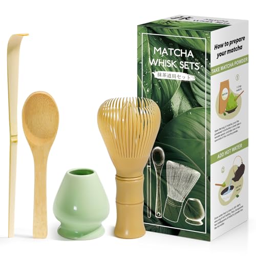 Juego de 4 piezas Matcha ceremonia japonesa, amarillo batidor de resina Chasen, cuchara de bambú, pala de bambú, portabatidor, caja matcha para la ceremonia del té, la bebida, azul celadón