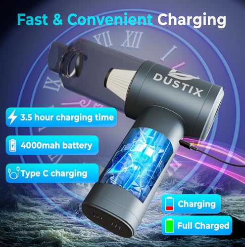 Dustix Handheld Car Vacuum Cleaner Cordless, Powerful 10000PA Dual Gear Suction, Portable, Lightweight & Mini Vacuum, Car Hoover, 4000mAh, Car, Office, Home & Kitchen Essentials for Cleaning & Blowing - 6