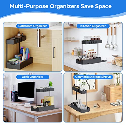 2 Pack Under Sink Organizers And Storage, Uinofle 2 Tier Sliding Cabinet Organizer Drawer With 8 Hooks Adjustable Depth Pull Out Cabinet Organizer Multi-Purpose Organizer For Bathroom Kitchen (Black) #TOP3