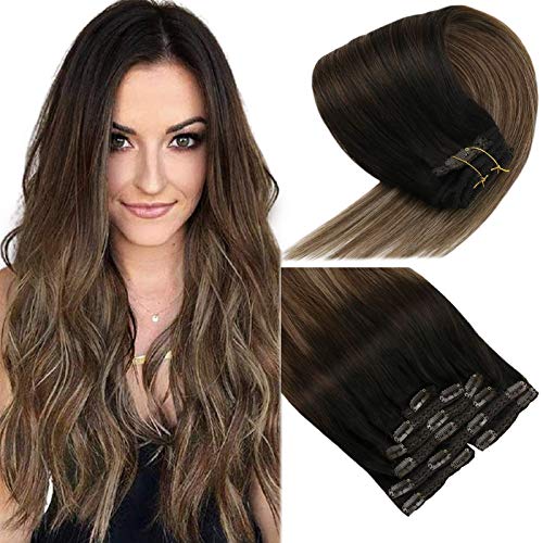 VeSunny Ombre Clip in Hair Extensions Human Hair 14inch Short Clip Extensions Balayage Natural Black to Dark Brown with Ash Blonde 100G 7Pcs