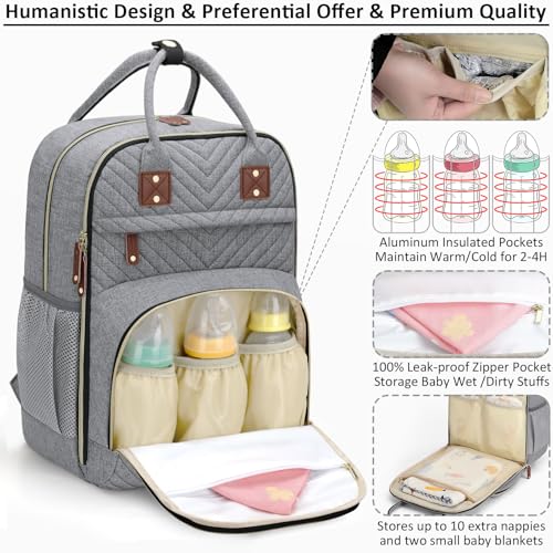 Image of Tenot Diaper Bag Backpack for Women with Changing Pad, Baby Bag with Insulated Pockets Multifunctional Diaper Bags For Baby Girl Boy Waterproof Baby Bags For Boys Girls Maternity Bag Grey