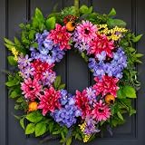 NUPTIO Summer Wreath for Front Door: 24 Inch Spring Wreaths with Hydrangea Lavender Lilac Dahlia Gerbera Hanger - Outdoor Indoor Realistic Artificial Flowers Holiday Decor for Wall Window Porch