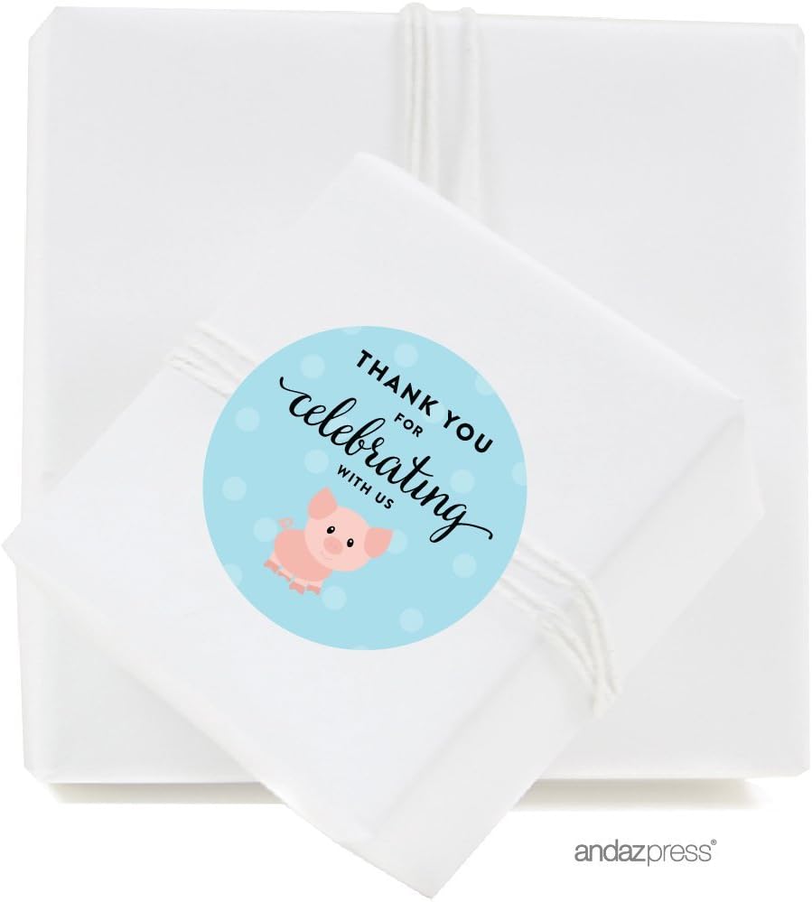 Andaz Press Birthday Round Circle Labels Stickers, Thank You for Celebrating with Us, Farm Animal Pig, 40-Pack, for Gifts and Party Favors