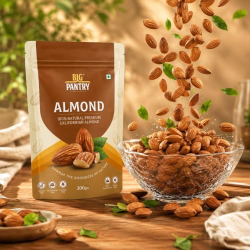 Image of BIG Pantry Premium California Almonds 200g | Whole Natural Badam | Crunchy & Fresh Almond Nuts | High Protein & High Fiber Snack | Gluten Free | Resealable Stand-Up Pouch (Pack of 1)