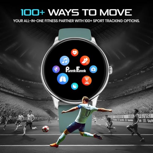 Image of PunnkFunnk Glavito Round Dial Smartwatch 1.49 inch AMOLED Display, 100+ Sports Modes, IP67, Health Tracking, Bluetooth Calling, Functional Crown Control, 100+ Watch Faces for Men & Women (Light Green)
