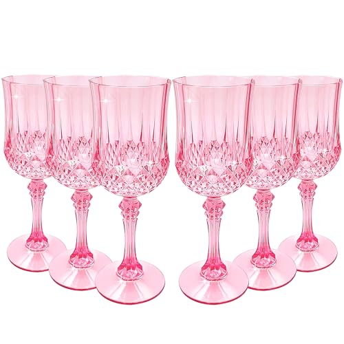 JUSONEY 7oz Vintage Plastic Wine Glasses Crystal Textured Plastic Goblets Disposable Wine Glasses for Parties Weddings Elegant Events(6-Pink)