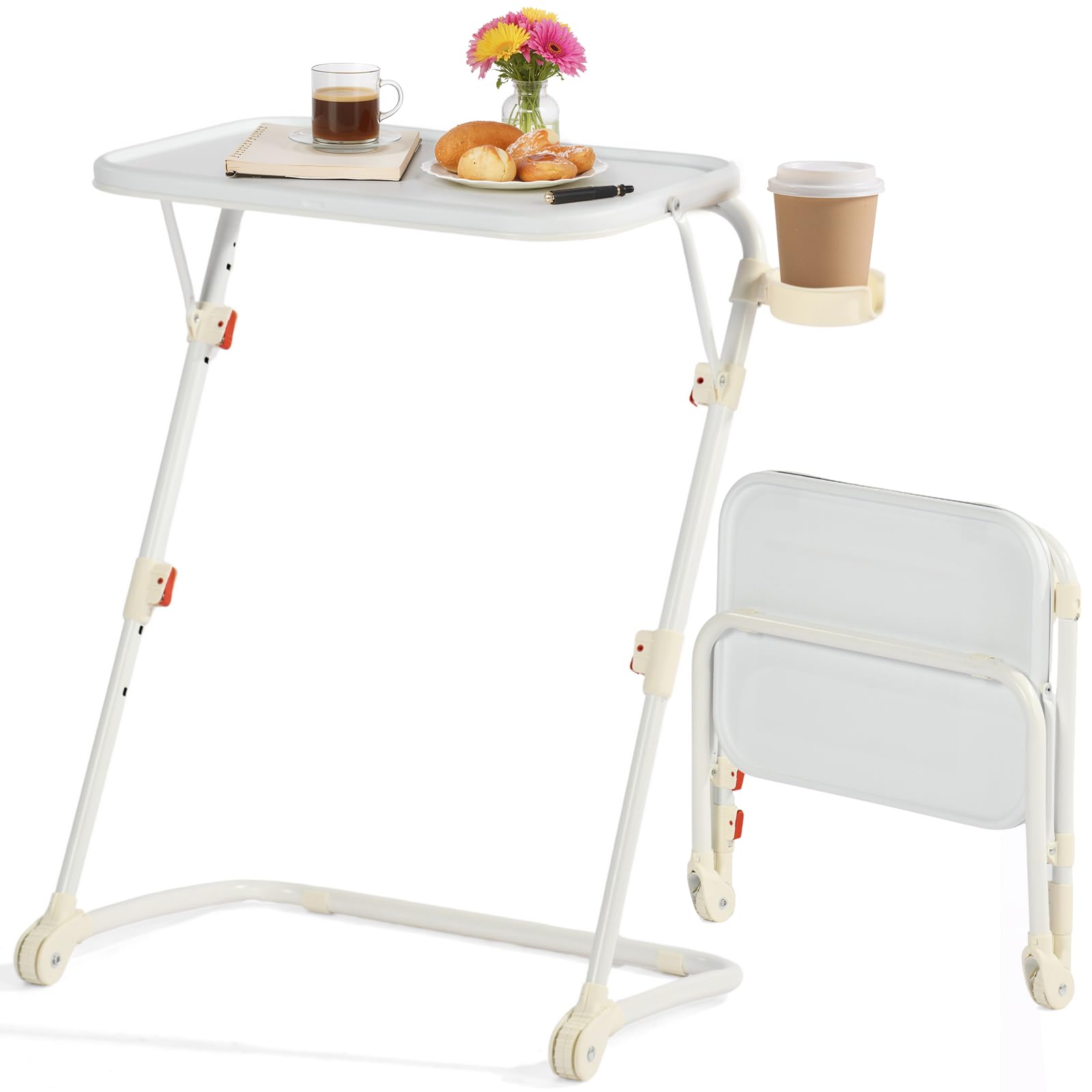 FurnitureR Folding TV Tray Table, Adjustable Snack & Dinner Table with Cup Holder, Portable Laptop Desk for Bed & Sofa, 4 Heights & 3 Tilt Angles, No Assembly Required, Set of 1, White-image-31