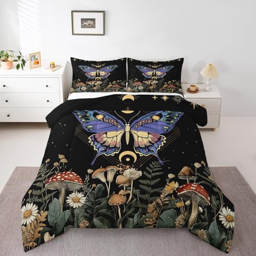 Erosebridal Butterfly Comforter Set Toddler Size,Sun Moon Bedding Set for Kids Boys Girls,Gothic Moth Wildlife Duvet Insert,Mushroom Wild Plants Bed Set,Starrry Sky Stars Quilt Comforter,Purple