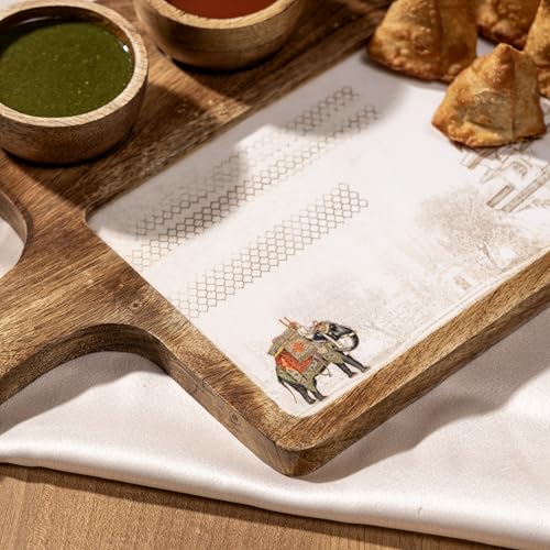Image of Handcrafted Mango Wood Serving Platter with 3 Dip Bowls | Traditional Elephant Print | Waterproof, Heat-Resistant, Food-Safe Lacquer Finish | 15.5 x 10 Inch | Made in India (3katori-WhiteElephant)