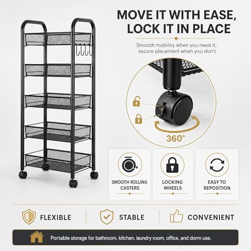 5-Tier Slim Rolling Storage Cart for Narrow Spaces, Bathroom Kitchen Laundry Room Organizer with Locking Wheels, 4 Side Hooks, Rustproof Waterproof Metal Utility Cart, Black by ActiveTrail - Image 4