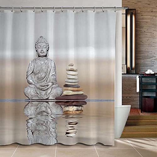 Buddha & Pebble Reflection Design Duschvorhang Badezimmer Wasserdichtes Polyestergewebe mit 12 Haken 200x200cm/79x79in(BxH) Cover